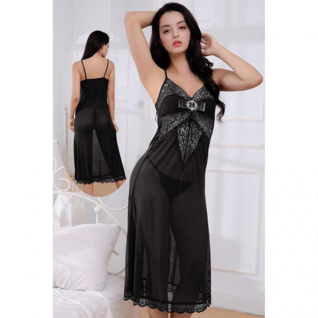 Picture of NEGLIEE GOWN W/BOW BLACK - O/S