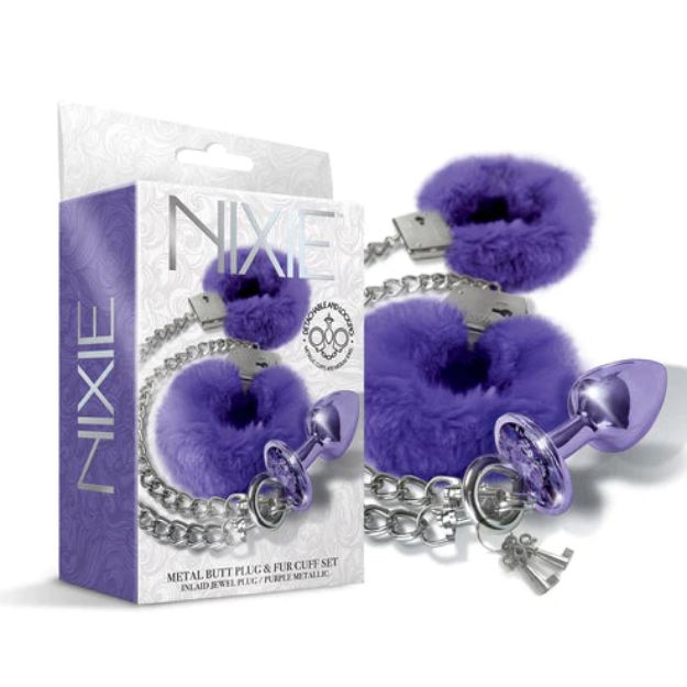 Picture of NIXIE METAL BUTT PLUG & FURRY CUFF SET - PURPLE