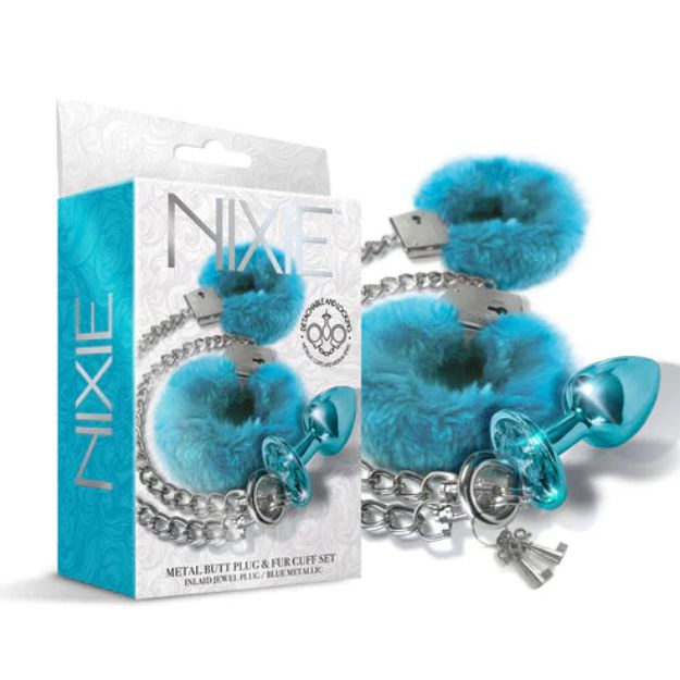 Picture of NIXIE METAL BUTT PLUG & FURRY CUFF SET - BLUE